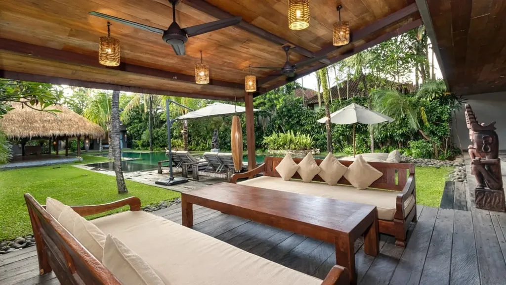 Shaded lounge seating on the terrace at Villa Yoga, Seminyak