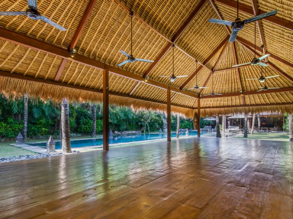 The open-sided yoga bale at Villa Yoga under its high thatched roof