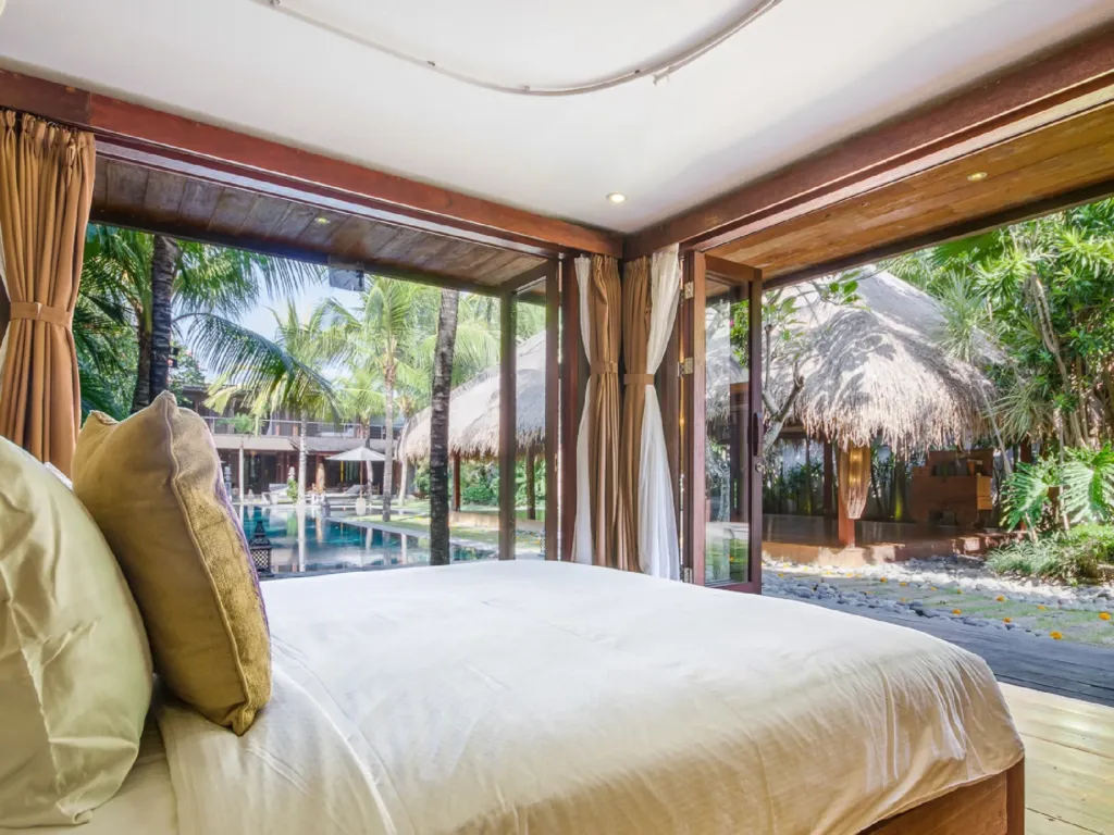 Bedroom 7 at Villa Yoga looking out towards the yoga bale and garden