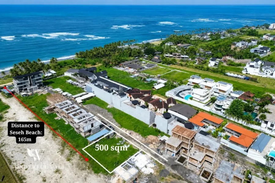 Aerial view of a 5 are land plot 165m from Seseh Beach in Bali