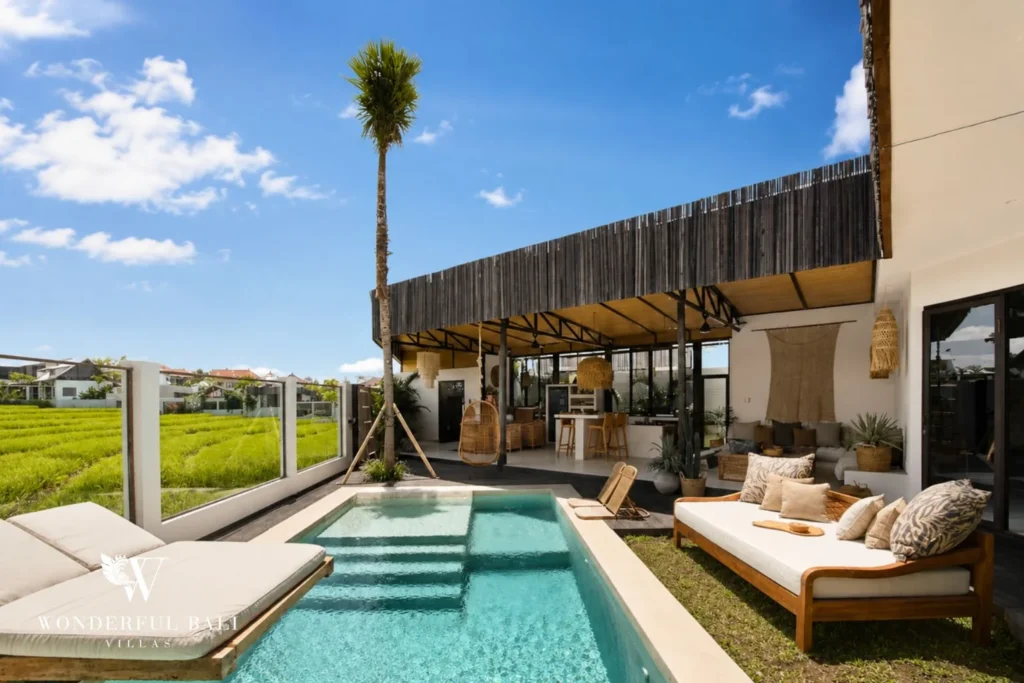 Private pool in front of an open-air living pavilion at a 3-bedroom villa in Umalas Bali