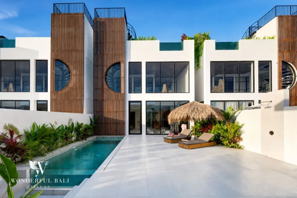White three-storey villa with private pool at a 3BR villa in Pererenan Bali