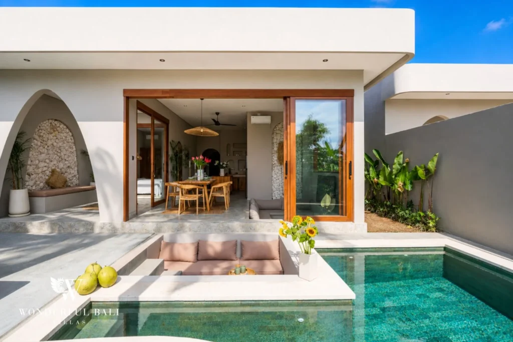 Sunken seating platform set into the private pool at a 2-bedroom villa in Pererenan Bali
