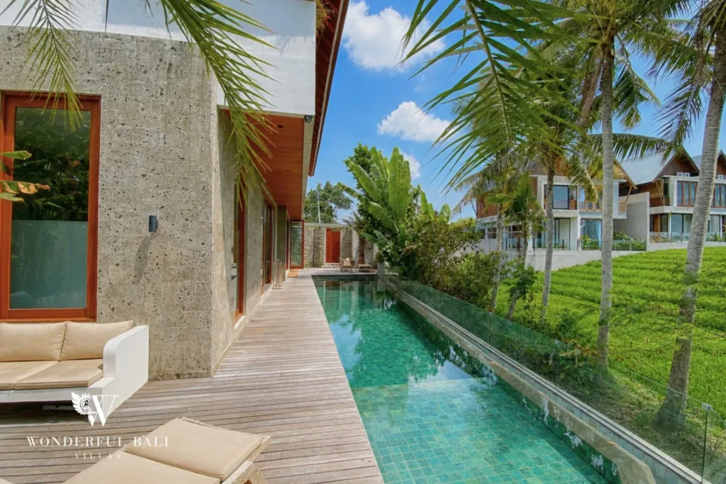 3BR villa for rent in Kedungu — pool, long pool between the villa and the paddy