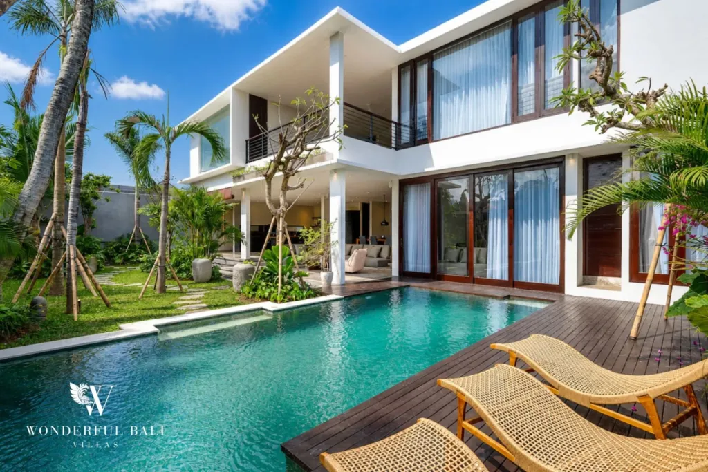 4BR villa for rent in Seminyak — pool, pool along the front of the two-storey villa