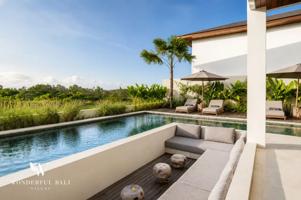 4BR villa for rent in Pererenan — pool, pool deck looking out over an open green field