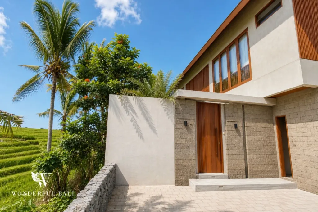 3BR villa for rent in Kedungu — entrance, timber entrance doors with the paddy behind