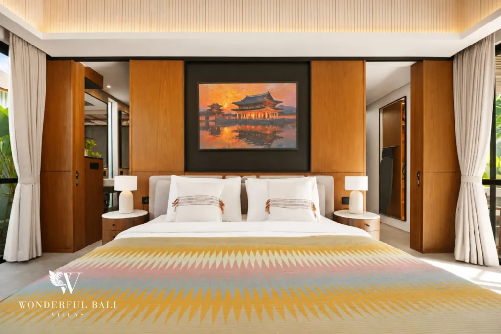 Bedroom with timber panel headboard wall and garden doors in a 3-bedroom villa in Jimbaran Bali
