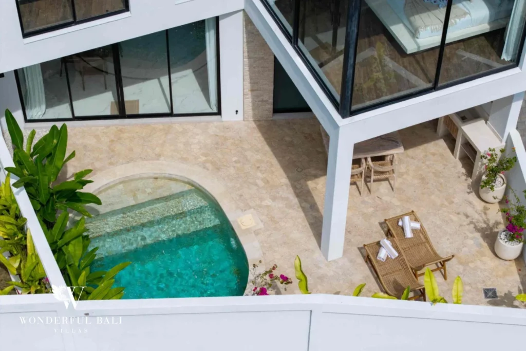 Private pool and terrace seen from the upper floor of a 3-bedroom villa near Nusa Dua Bali