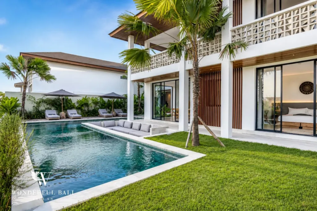 4BR villa for rent in Pererenan — garden, lawn and pool running along the ground floor
