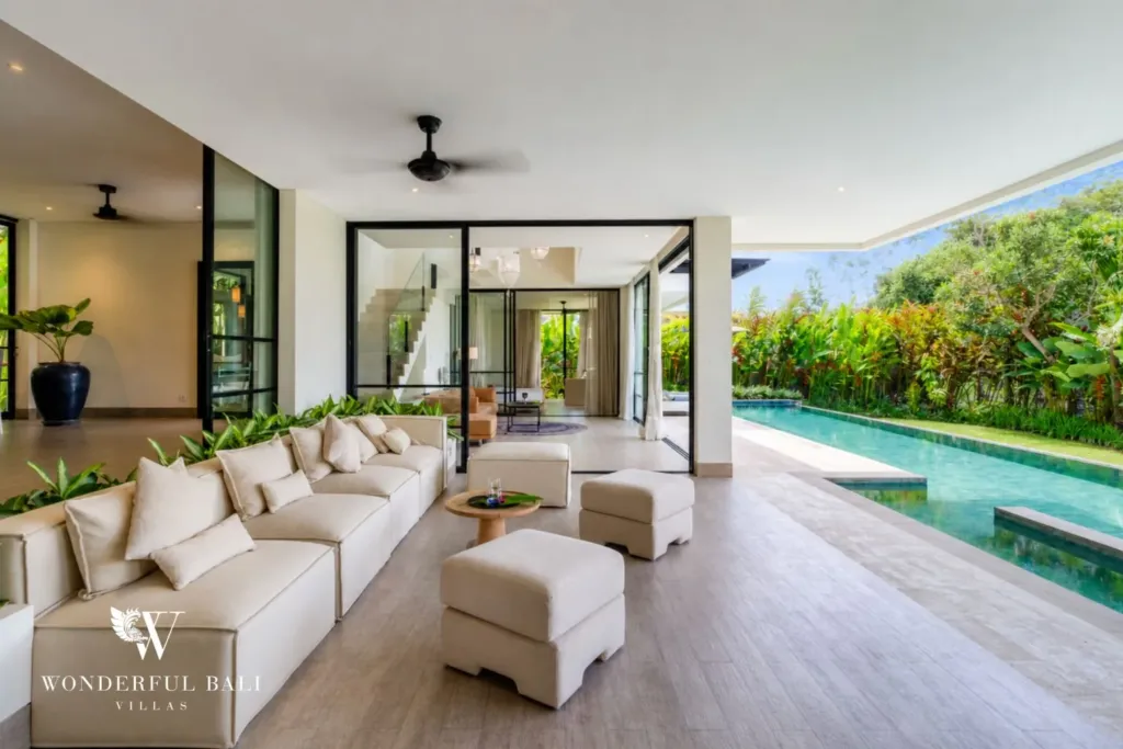 4BR villa for rent in Babakan, Canggu — living room, pool view