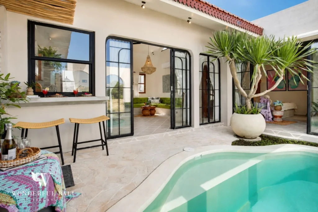 Poolside bar counter and stools outside a 2-bedroom villa in Buduk Canggu Bali