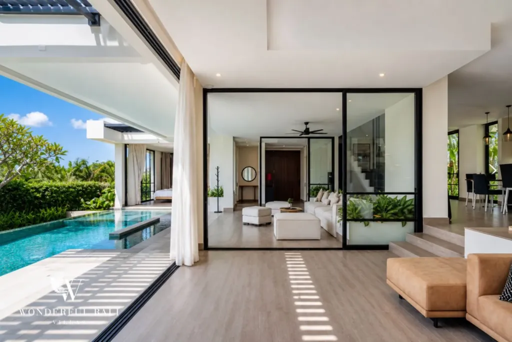 4BR villa for rent in Babakan, Canggu — living room, opening to pool terrace