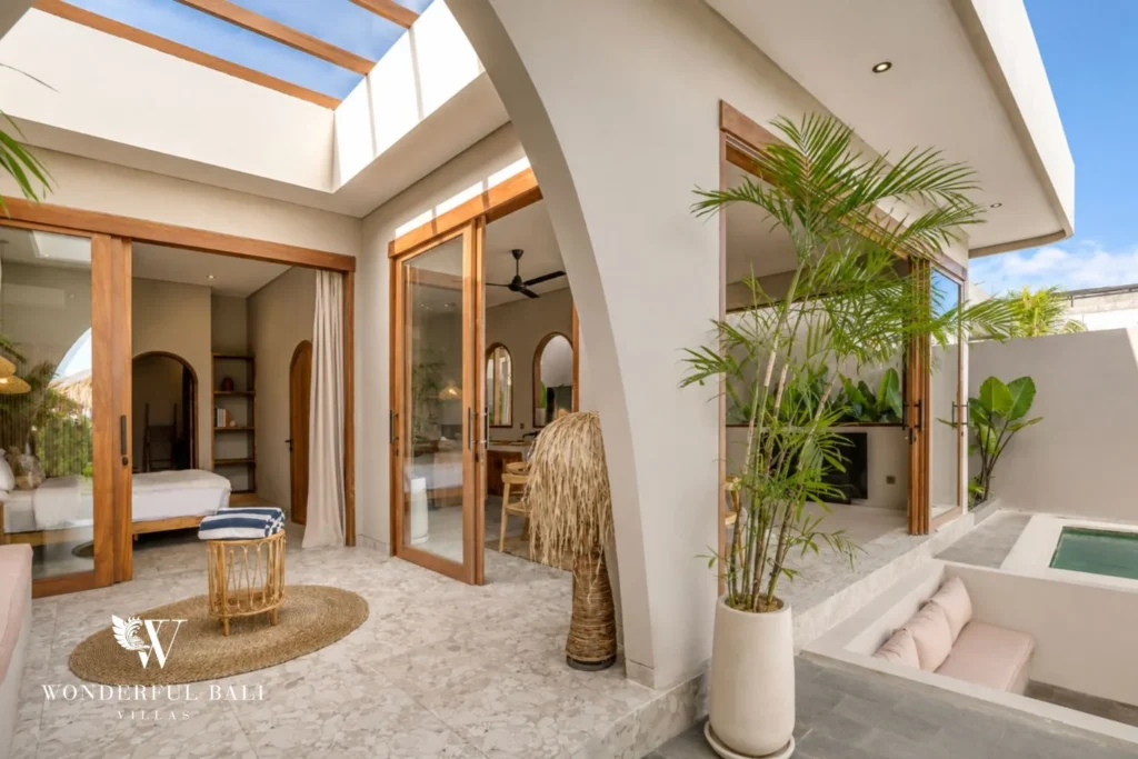 Arched courtyard with skylight opening to the pool at a 2-bedroom villa in Pererenan Bali