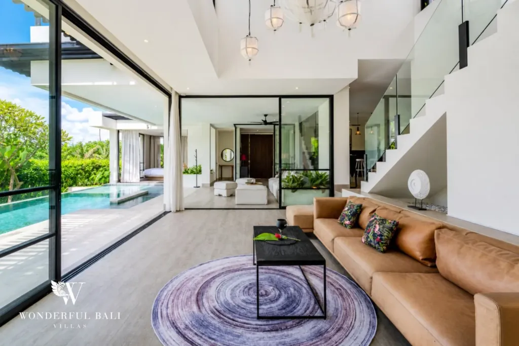 4BR villa for rent in Babakan, Canggu — living room, leather sofa