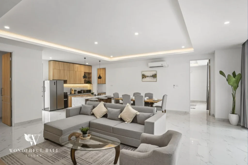Living area looking through to the kitchen and dining table in a 3-bedroom villa in Kaba-Kaba Bali