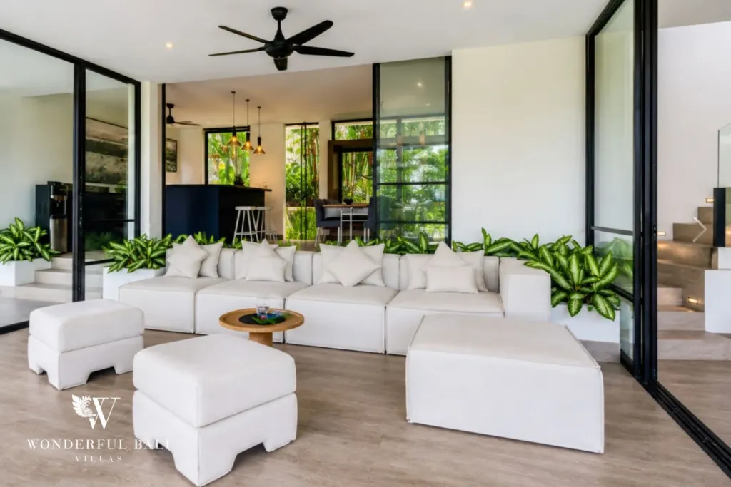 4BR villa for rent in Babakan, Canggu — living room, lounge seating and open kitchen