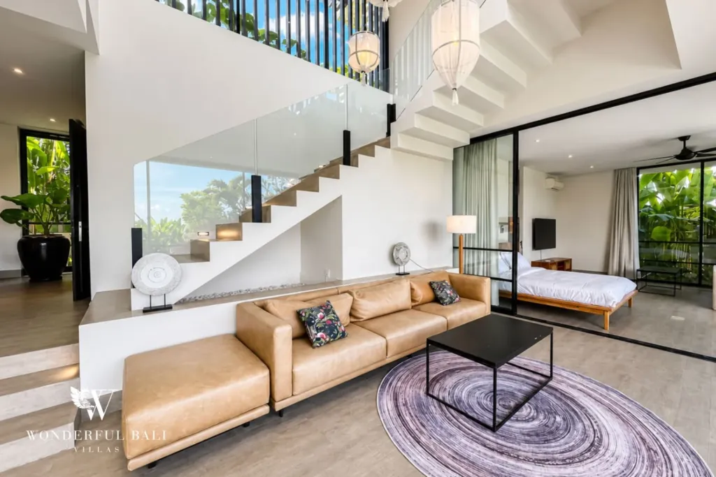 4BR villa for rent in Babakan, Canggu — living room, double height living room and staircase
