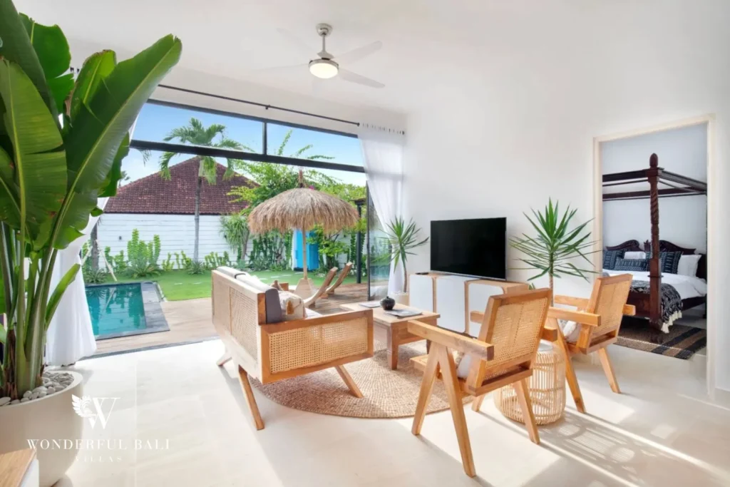 Living room looking through to the four-poster bedroom in a 3-bedroom villa in Umalas Bali