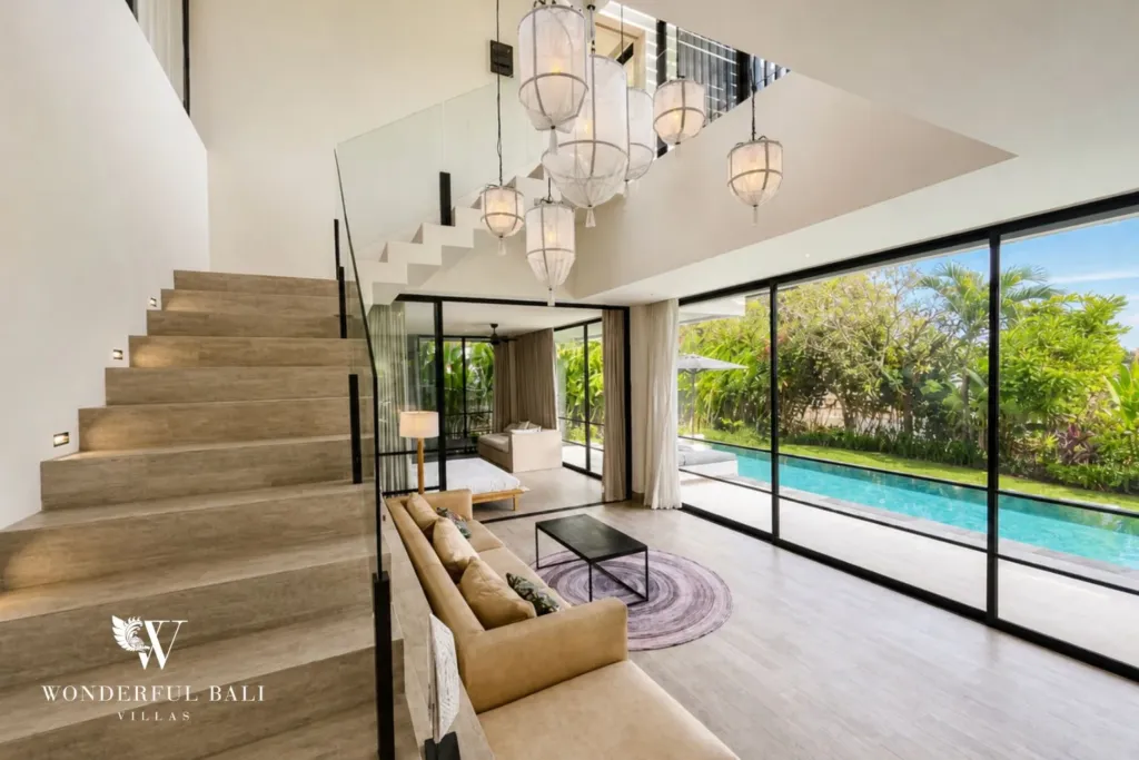 4BR villa for rent in Babakan, Canggu — living room, double height lounge with pool view