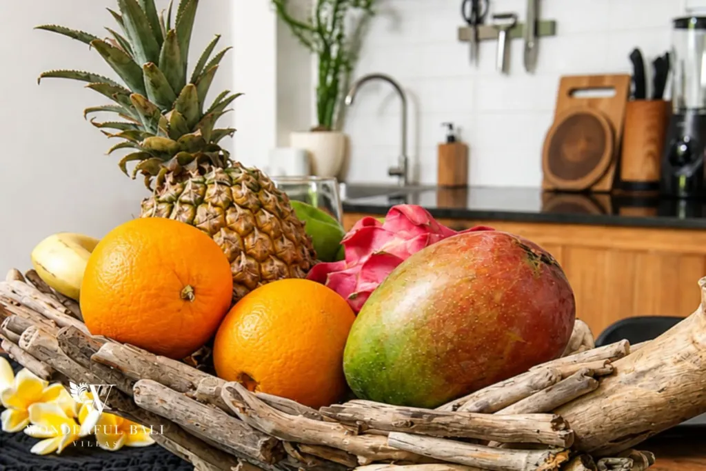2BR villa for rent in Bumbak, Umalas — dining, driftwood basket of tropical fruit on the dining table in a 2-bedroom villa