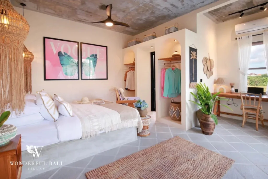 Main bedroom with open wardrobe and built-in desk in a 2-bedroom villa in Buduk Canggu Bali
