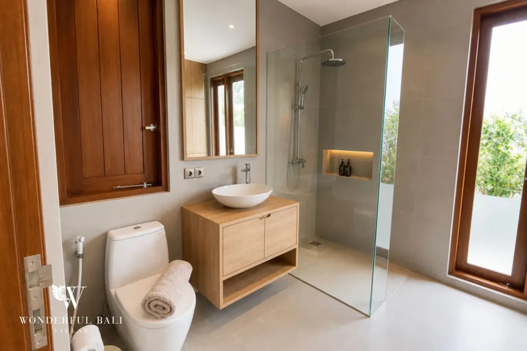 3BR villa for rent in Kedungu — bathroom, walk-in shower with a stone basin on a timber vanity