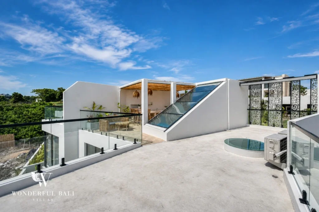 Rooftop sunset terrace with glass balustrades at a 3-bedroom villa near Nusa Dua Bali