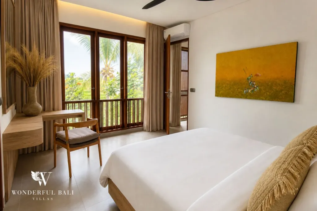 3BR villa for rent in Kedungu — bedroom, desk and doors onto the balcony