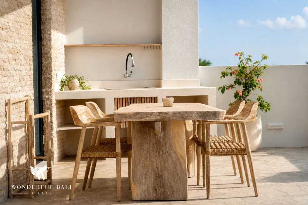 Rooftop dining table under an alang-alang pergola at a 3-bedroom villa near Nusa Dua Bali