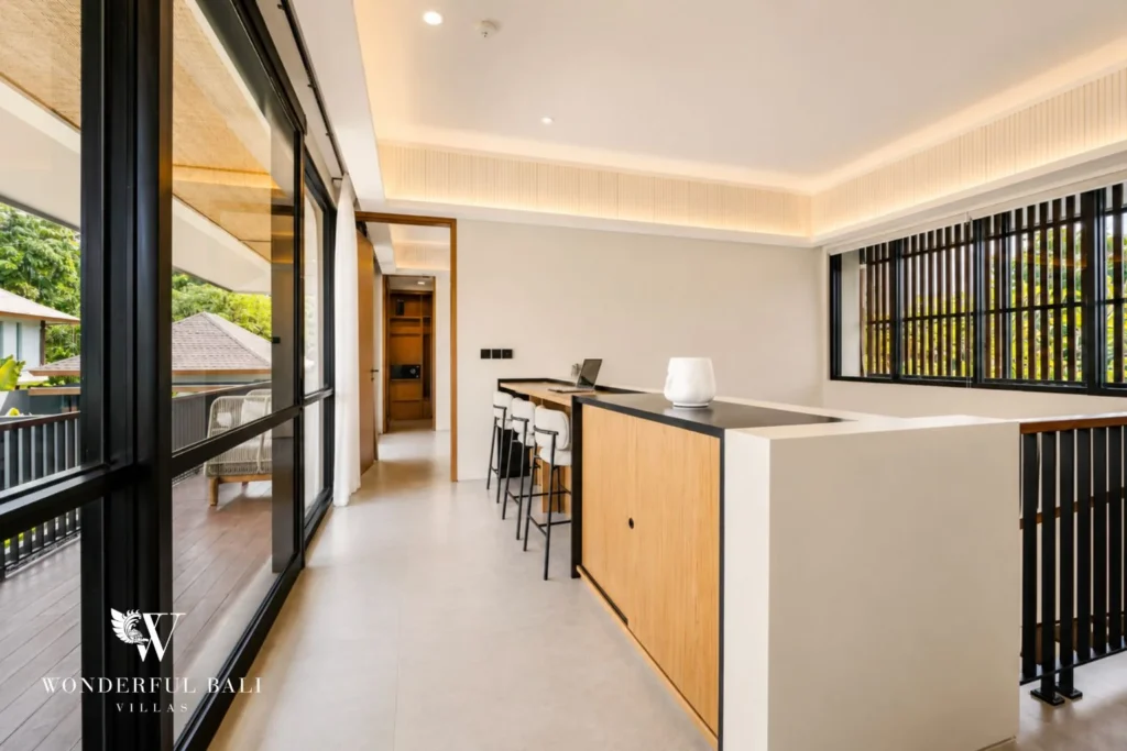 Upstairs landing desk open to the balcony in a 3-bedroom villa in Jimbaran Bali