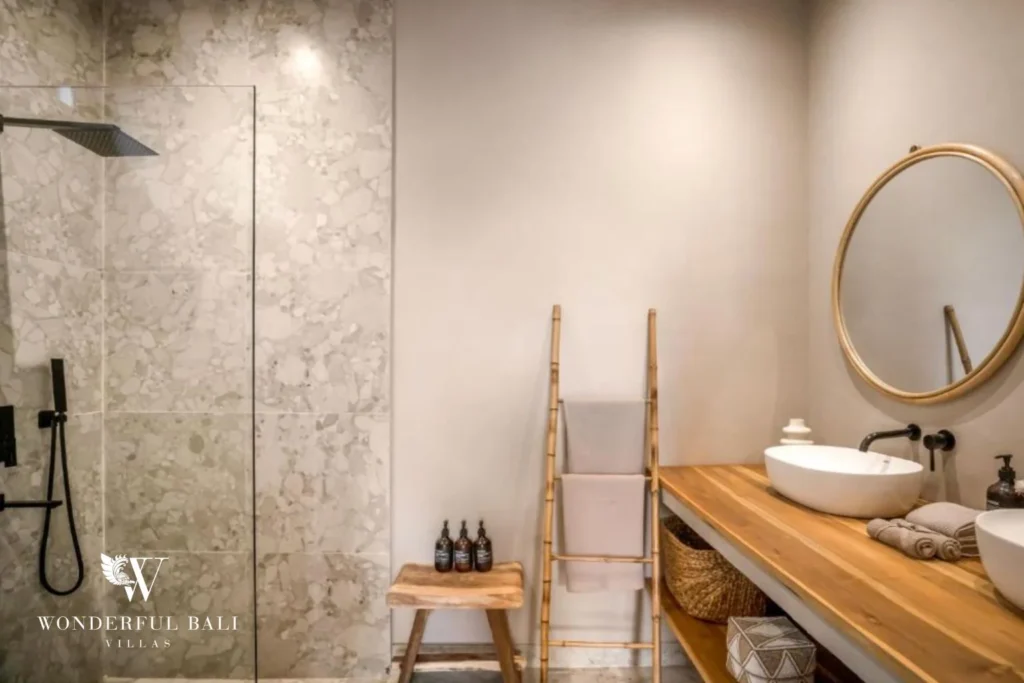 En-suite with walk-in rain shower and teak vanity in a 2-bedroom villa in Pererenan Bali