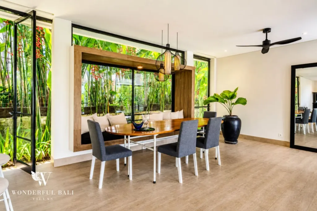 4BR villa for rent in Babakan, Canggu — dining, timber framed window