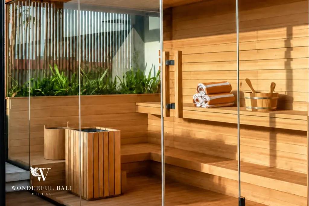 Cedar sauna interior with towels and bucket at a 3BR villa in Pererenan Bali