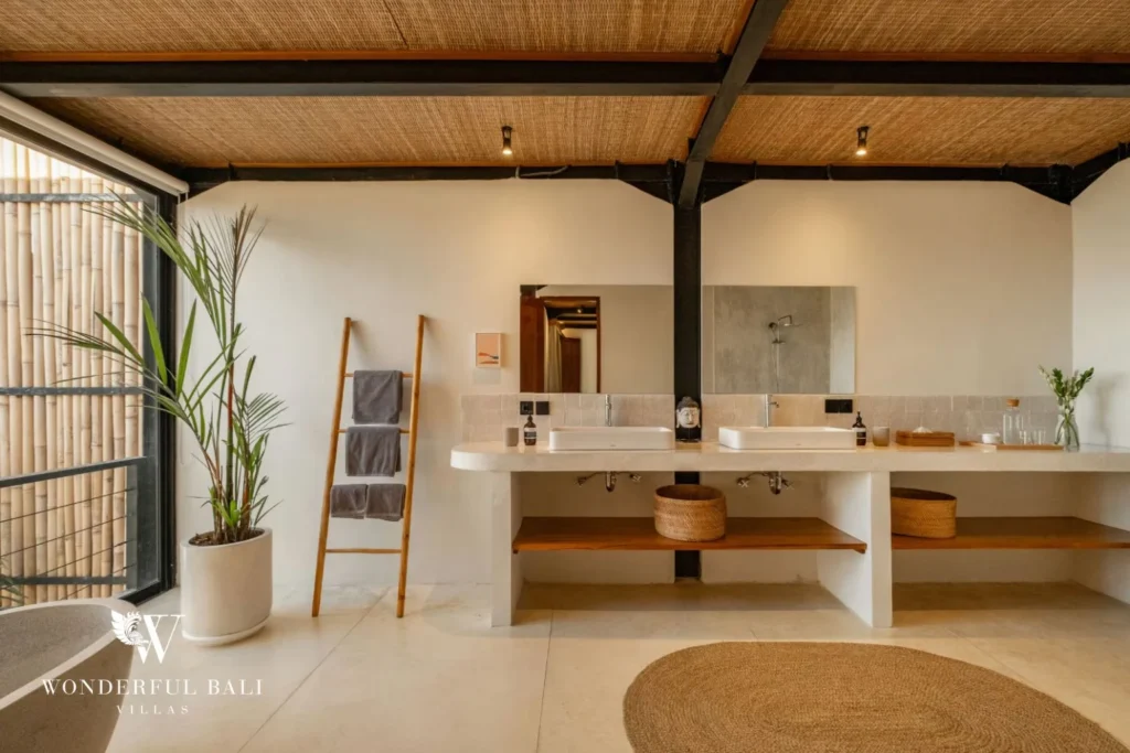 Twin basins on a terrazzo vanity in a 5-bedroom villa in Uluwatu Bali