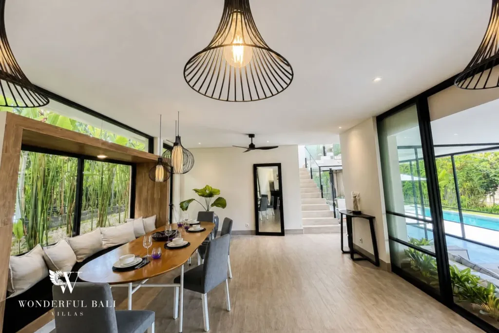 4BR villa for rent in Babakan, Canggu — dining, under pendant lights