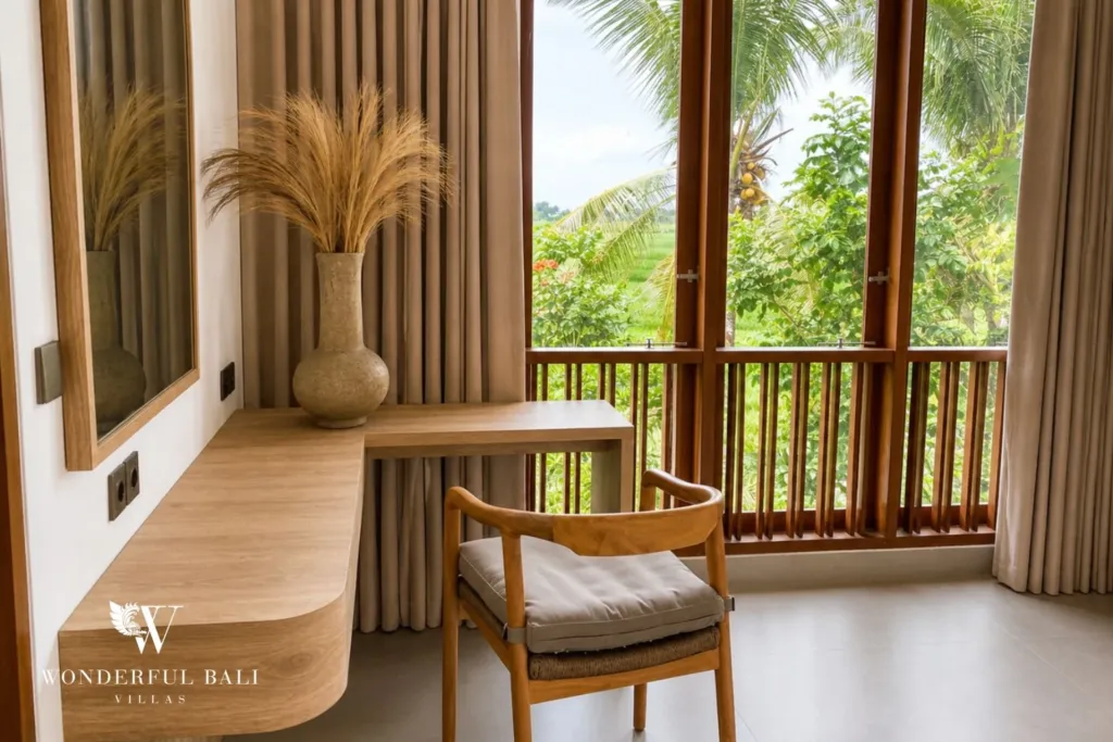 3BR villa for rent in Kedungu — balcony, built-in desk facing the paddy
