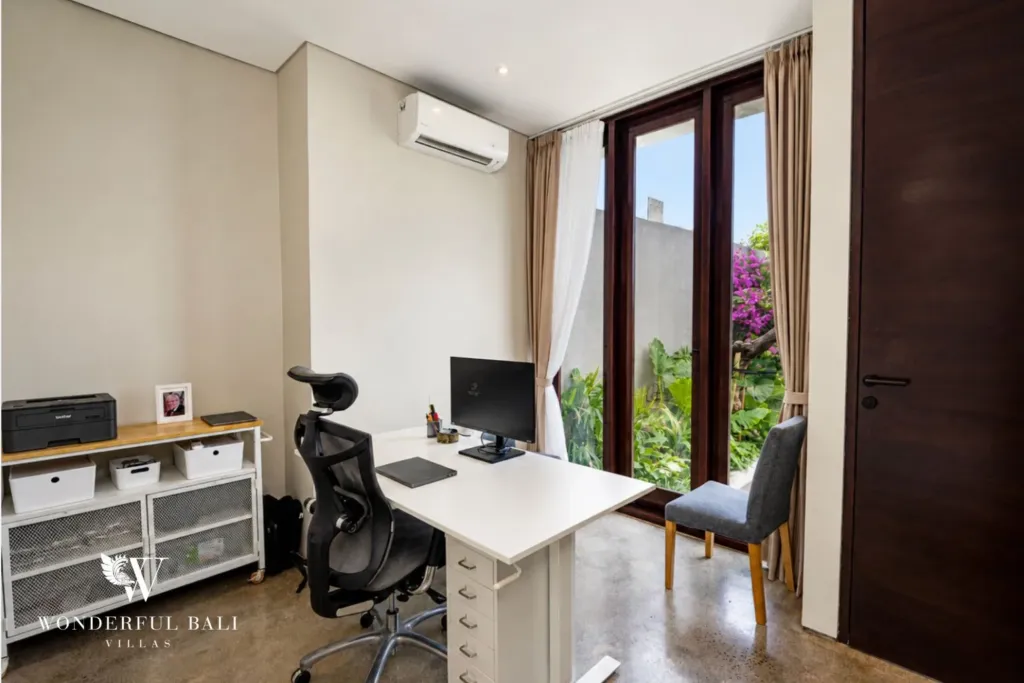 4BR villa for rent in Seminyak — office, desk and shelving set up as a study