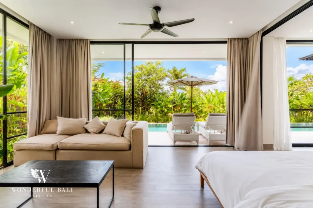 4BR villa for rent in Babakan, Canggu — bedroom, sofa and pool view