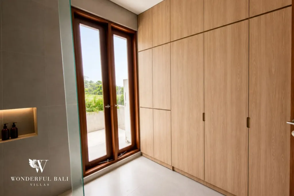 3BR villa for rent in Kedungu — dressing, fitted wardrobes beside the balcony doors