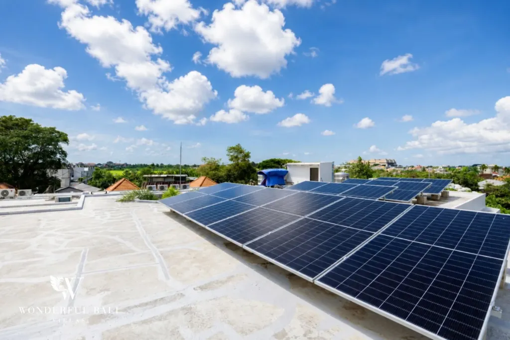 4BR villa for rent in Seminyak — exterior, solar array on the roof terrace