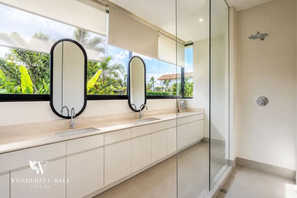 4BR villa for rent in Babakan, Canggu — bathroom, double vanity and walk in shower
