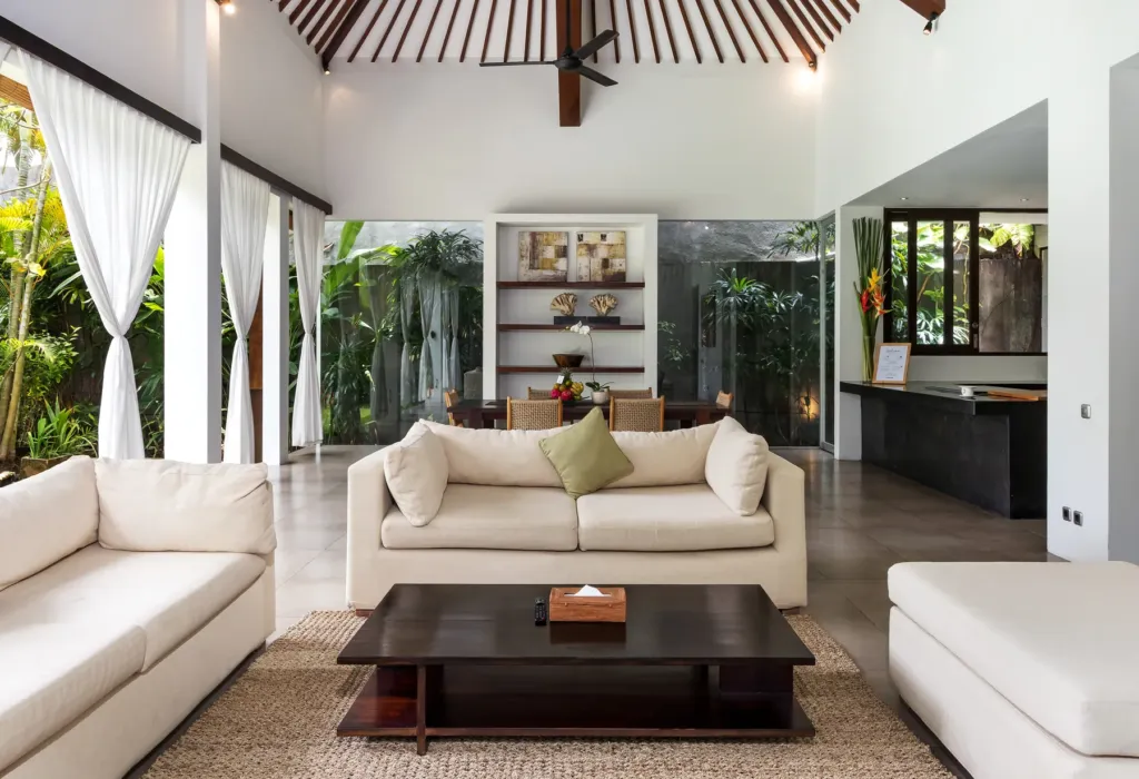 Villa Alice Dua, Seminyak — living room, open-sided living pavilion under a high pitched roof at Villa Alice Dua
