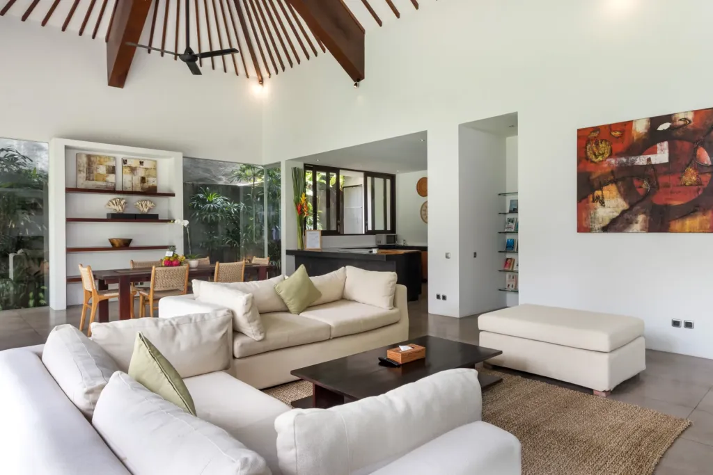 Villa Alice Dua, Seminyak — living room, looking out over the garden at Villa Alice Dua