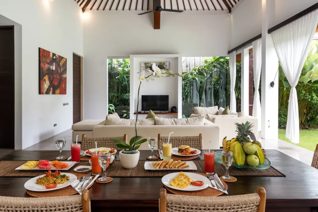 Villa Alice Dua, Seminyak — dining, living pavilion under one roof at Villa Alice Dua