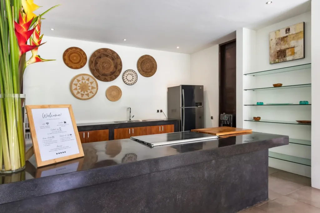 Villa Alice Dua, Seminyak — kitchen, counter and open shelving at Villa Alice Dua