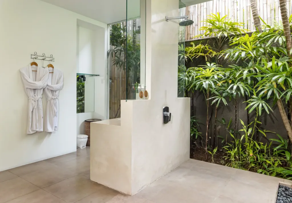 Villa Alice Dua, Seminyak — bathroom, rain shower in the semi-outdoor en-suite at Villa Alice Dua