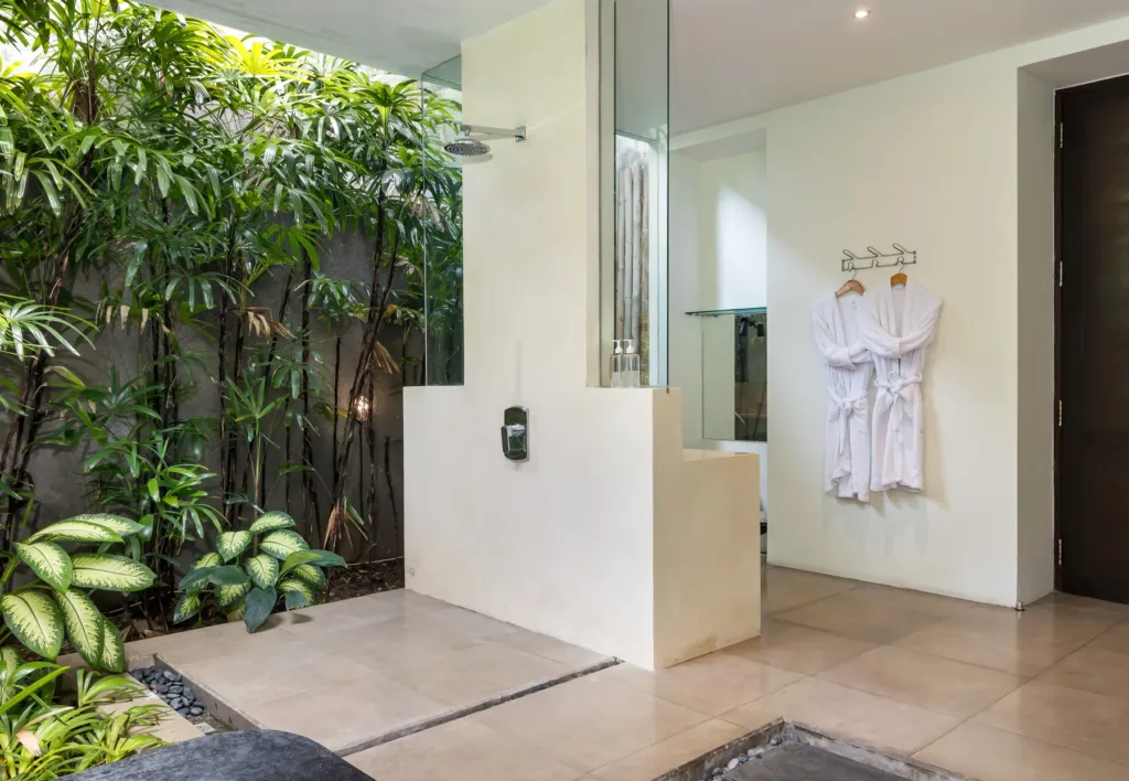 Villa Alice Dua, Seminyak — bathroom, rain shower in the second semi-outdoor en-suite at Villa Alice Dua
