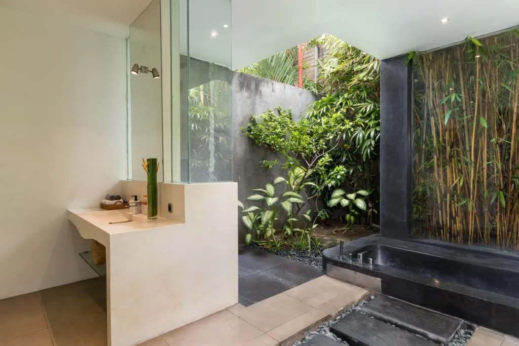 Villa Alice Dua, Seminyak — bathroom, stone vanity in the second en-suite courtyard at Villa Alice Dua