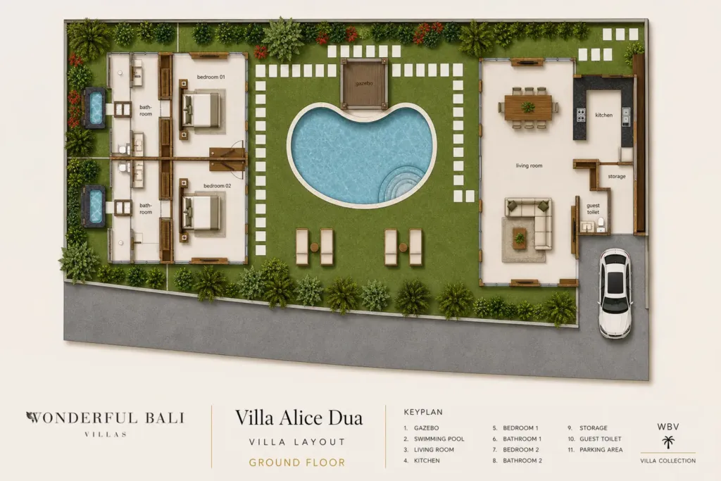 Villa Alice Dua, Seminyak — floor plan, villa Alice Dua, Seminyak: two bedrooms with en-suites, living room, kitchen, storage, guest toilet, gazebo, bean-shaped pool and parking